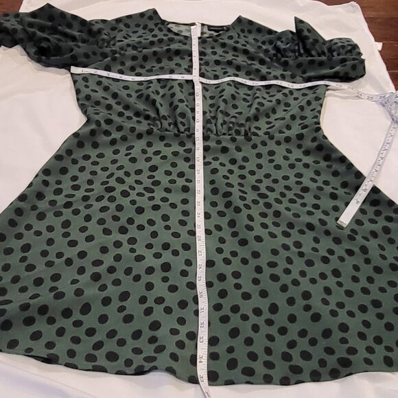 Who What Wear Dress 3/4 Shirred Sleeves Green Black Polka Dots L Whimsigoth - Picture 14 of 14
